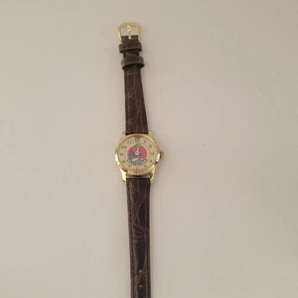 Bradley Cinderella Girls Watch Gold Case Cream Dial Brown Leather Vintage Swiss